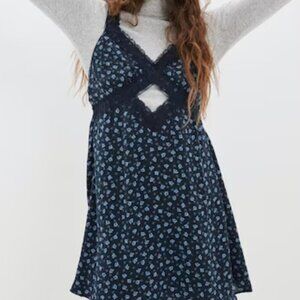 American Eagle Navy Silky Cut Out Printed Lace Mini Dress
